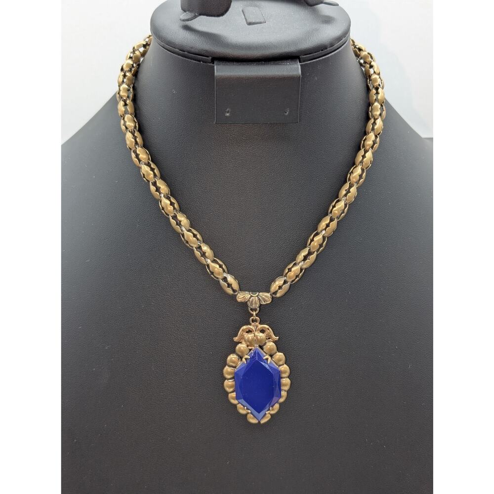 VTG/Antique Marked Czech Opaque Blue Pendant Muted Gold Tone Chain 16" Necklace - Picture 9 of 9